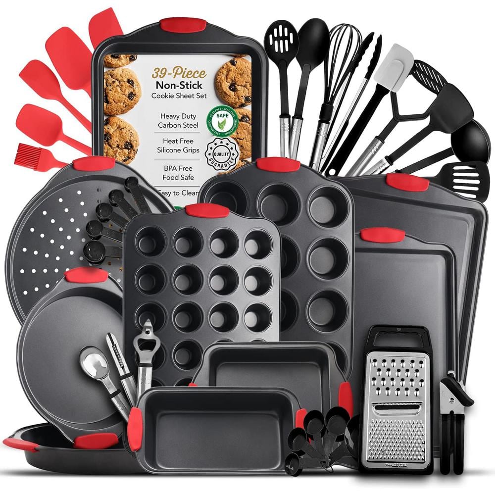 39-Piece Nonstick Black Steel Bakeware Set with Black Utensil and Silicone Handles - Hercitys