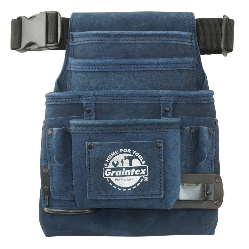 10-Pocket Nail and Tool Pouch w/Belt in Navy Blue Suede Leather w/Hammer Holder and Measuring Tape Clip - Hercitys