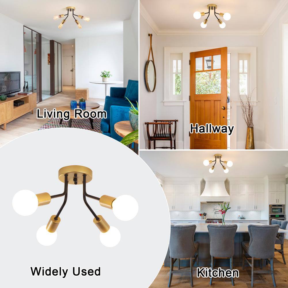 14.76 in. 4-Light Black and Gold Modern Sputnik Linear Semi- Flush Mount Ceiling Light Chandeliers for Bedrooms - Hercitys