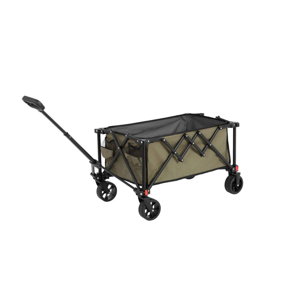 5.87 cu. ft. Army Green Fabric Folding Wagon Cart, Heavy Duty Garden Cart with All-Terrain Wheels and Adjustable Handle - Hercitys