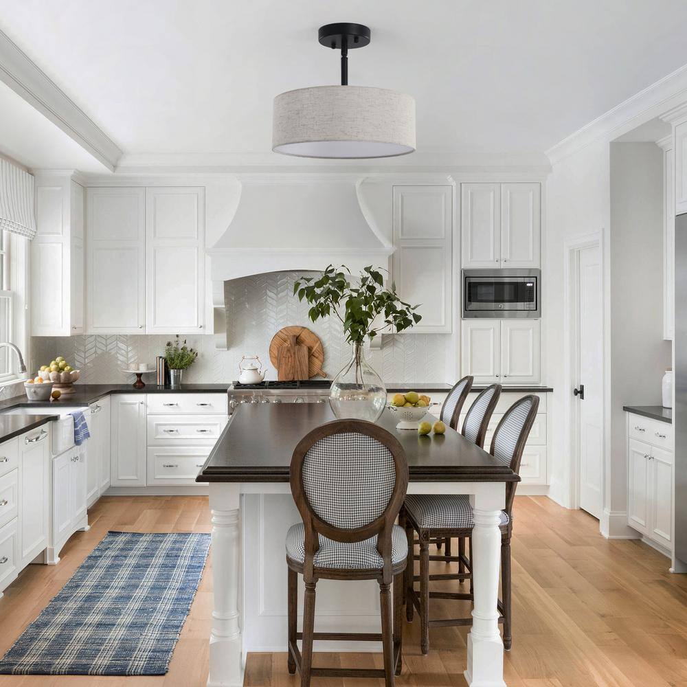 12.6 in. 3-Light Black Drum Linen Blend Semi Flush Mount Ceiling Light with White Fabric Shade and No Bulbs Included - Hercitys