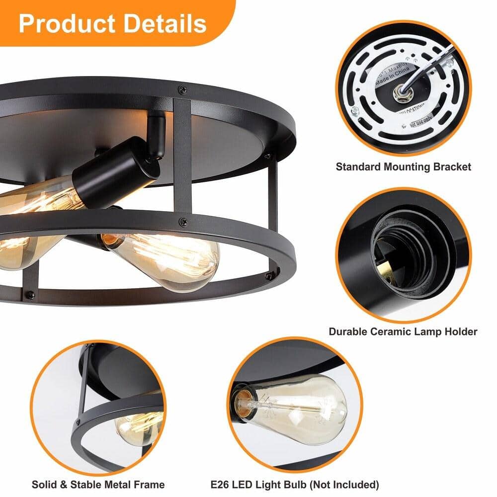 12.7 in. 2-Light Farmhouse Black Flush Mount Ceiling Light with No Bulbs Included (2-Pack) - Hercitys