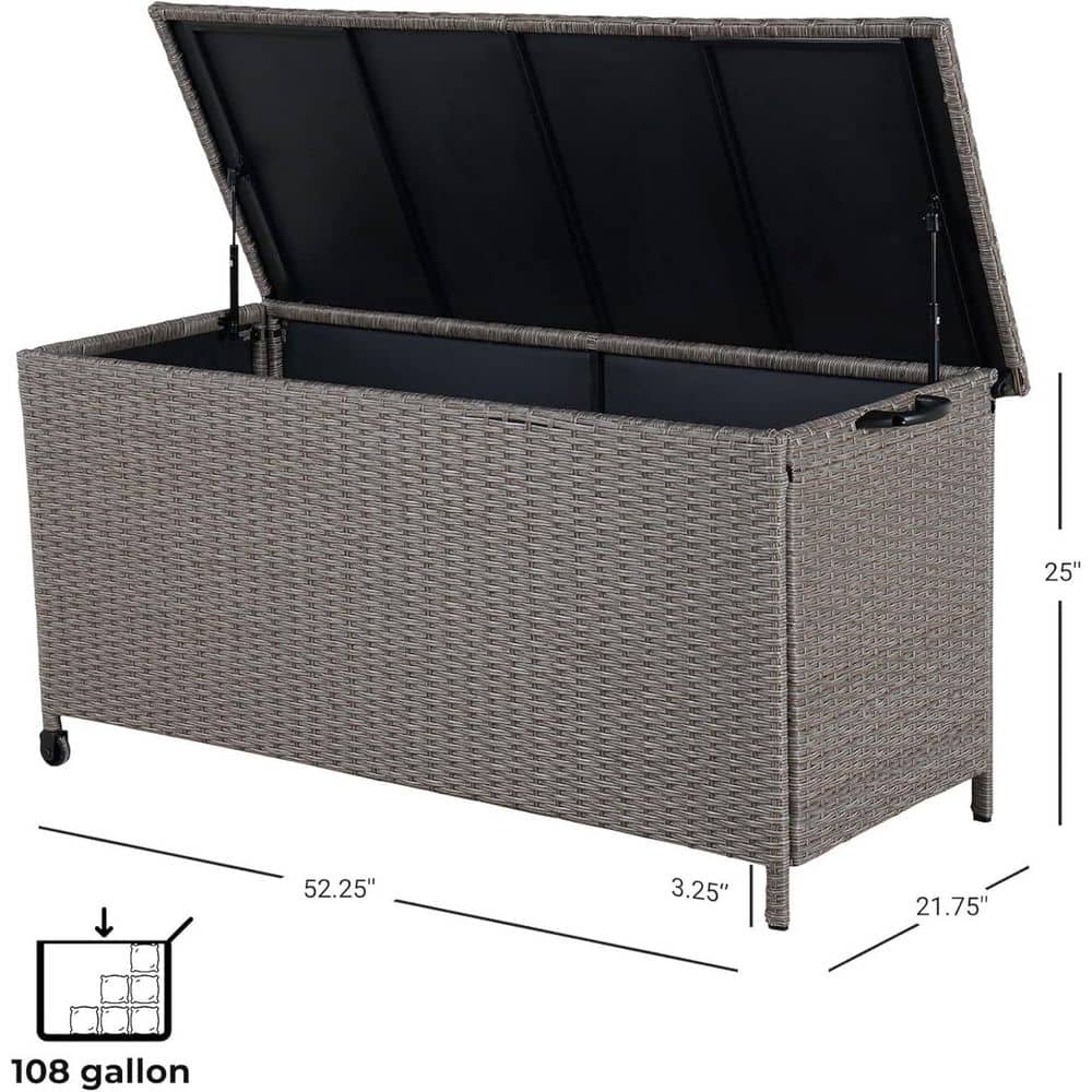 108 Gal. Wicker Deck Box with Wheels, Indoor Outdoor Storage Bin for Patio Cushions Garden Tools Pool Accessories, Gray - Hercitys