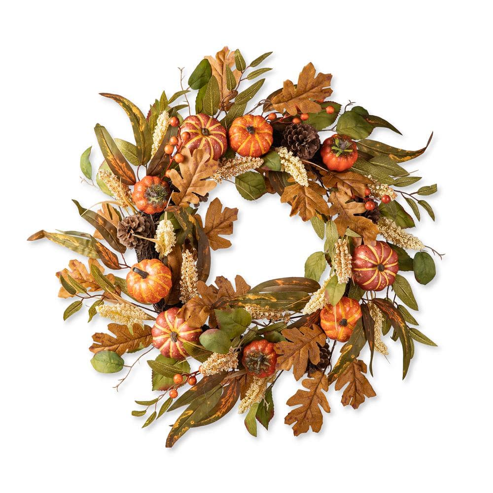 24 in. D Fall Unlit Pumpkin Leaf Floral Wreath - Hercitys