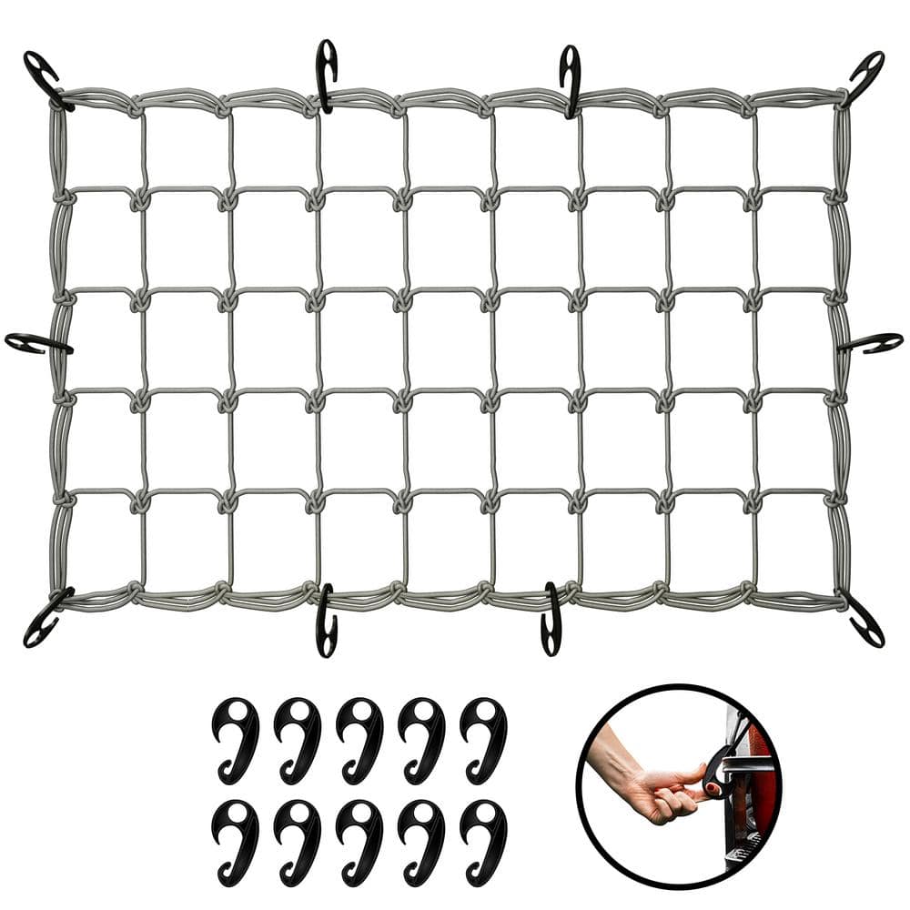 20 in. x 36 in. Heavy-Duty Gray Bungee Cargo Net – Stretches to 42 in. x 74 in. - Hercitys