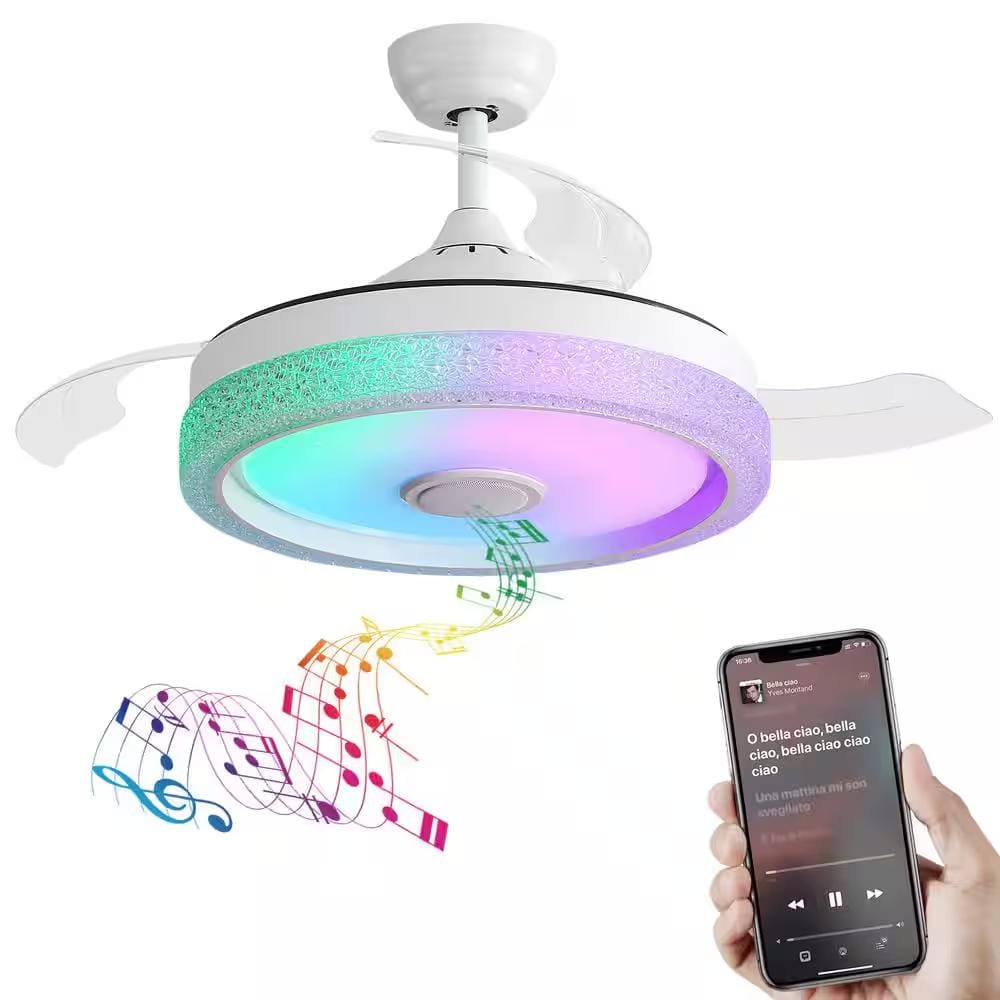 42 in. Indoor Smart Downrod Mount White Ceiling Fan with RGB Color LED Light and Remote APP Control - Hercitys