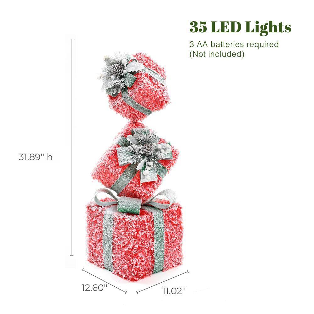 31.89 in. H Red Frosted Gift Boxes with Battery Operated Christmas Lights - Hercitys