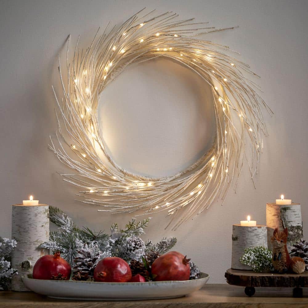 24 in. Dove White Glitter Battery Operated Pre-Lit Warm White LED Artificial Christmas Wreath - Hercitys