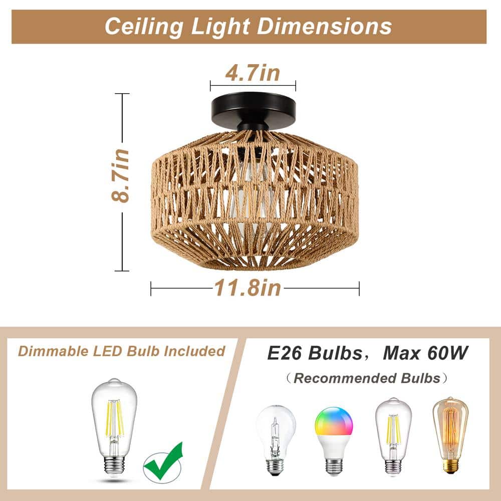 11.8 in. Rattan Brown Chandelier Light Fixture with Dimmable LED Bulb, Mini Hand Woven Flush Mount Ceiling Light - Hercitys