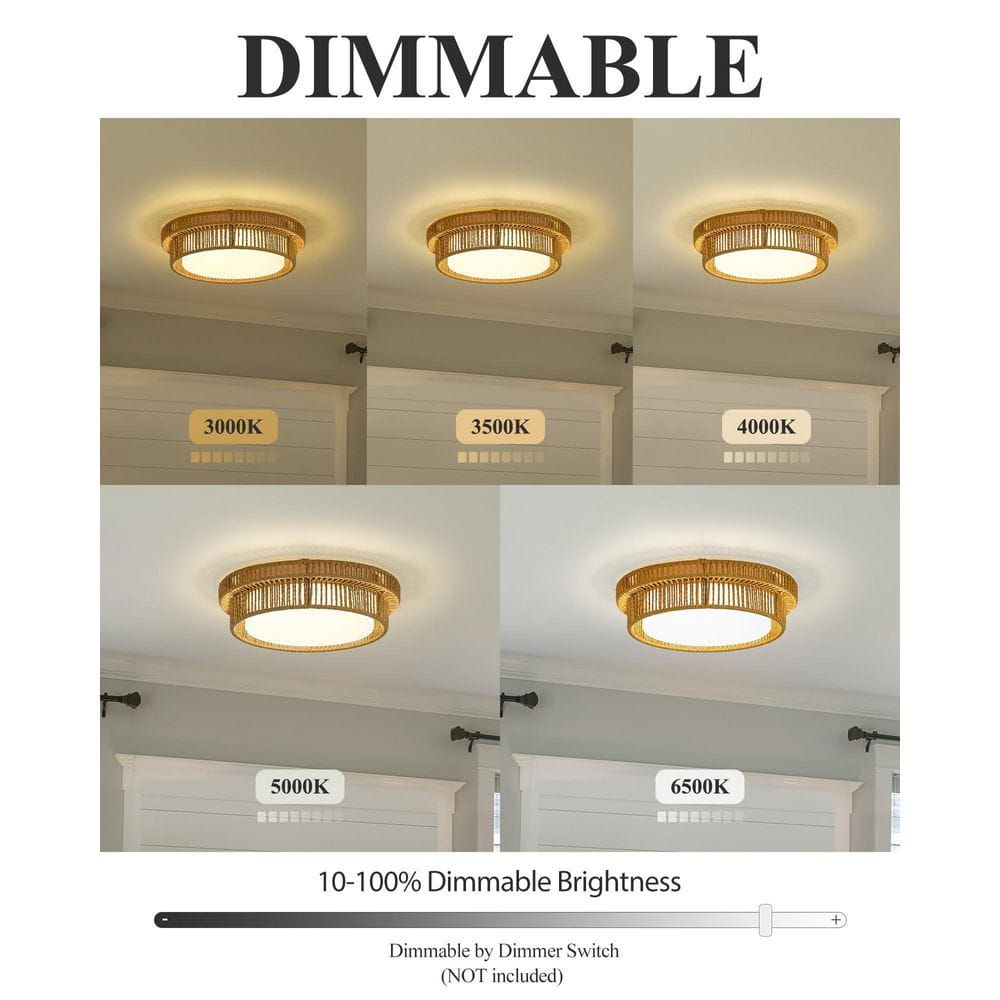 17.8 in Beige Wood Finish Boho Flush Mount with Frosted Glass Shade and Integrated LED - Hercitys