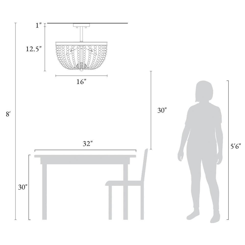 16 in. Modern Farmhouse Antique White Wood Beaded Semi-Flush Mount, 3-Light Bohemian Round Basket Ceiling Lighting - Hercitys