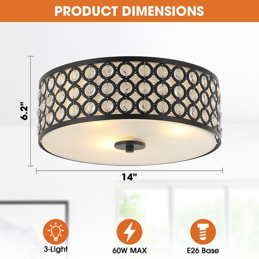 14 in. 3-Light Black Drum Flush Mount Crystal Ceiling Light with Clear Inner Shade - Hercitys