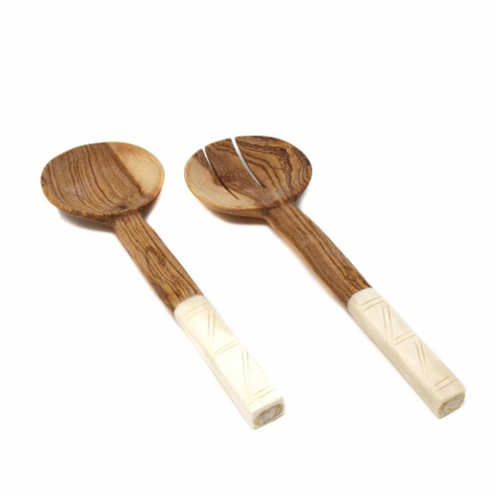 2-Pieces Olive Wood Salad Servers with Squared Bone Handles - Hercitys