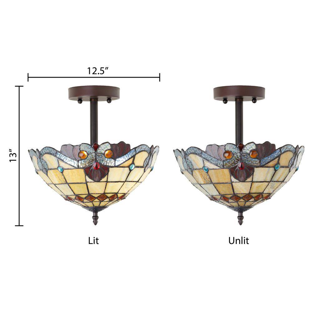 13 in. Tiffany Stained Glass Semi-Flush Mount Ceiling Light with Red and Amber Bowl Shade - Hercitys