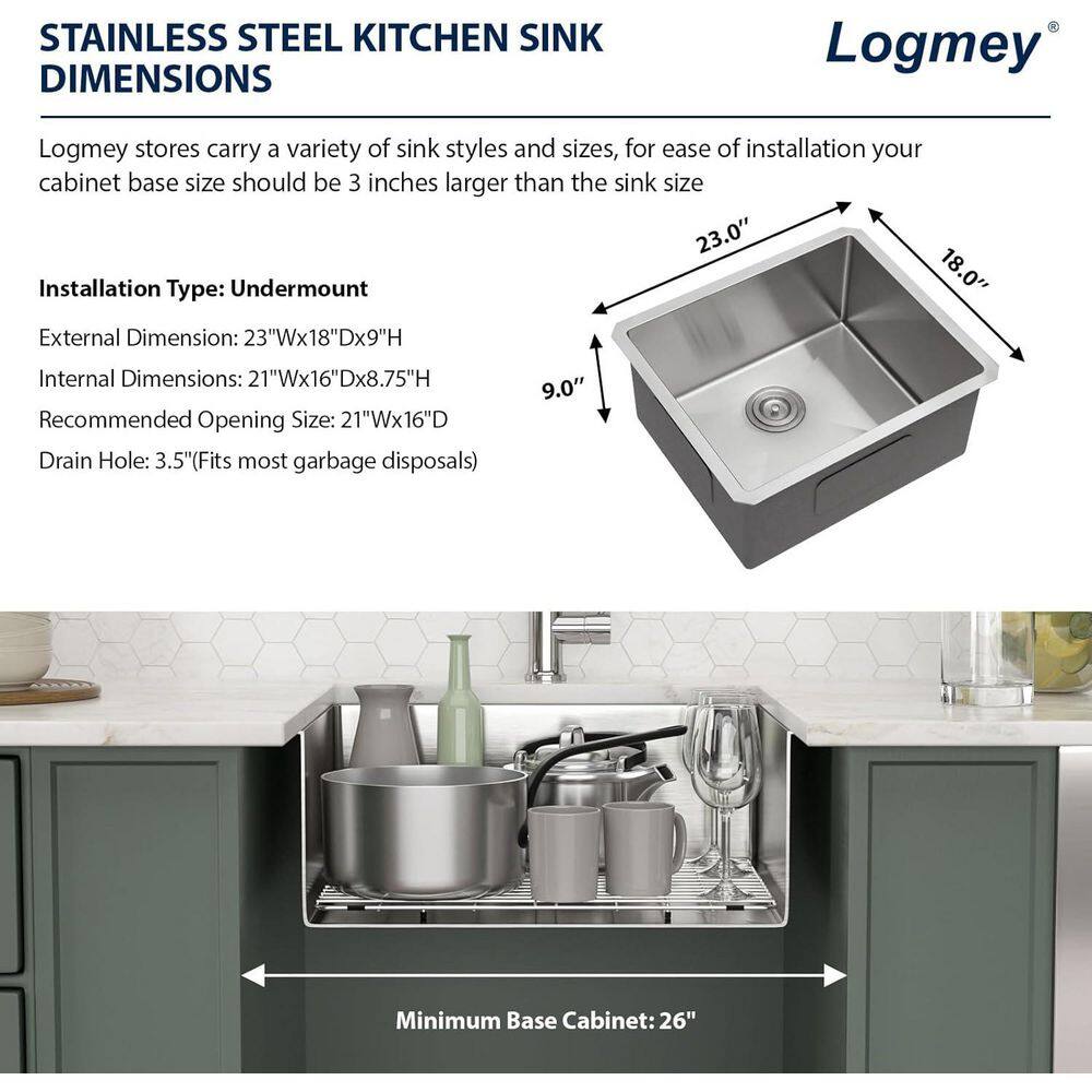 23 in. Undermount Kitchen Sink Single Bowl 16-Guage Stainless Steel Sink with Bottom Grid - Hercitys