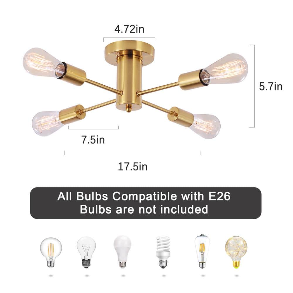 17.5 in. 4-Light Gold Sputnik Transitional Flush Mount Ceiling Lights - Hercitys