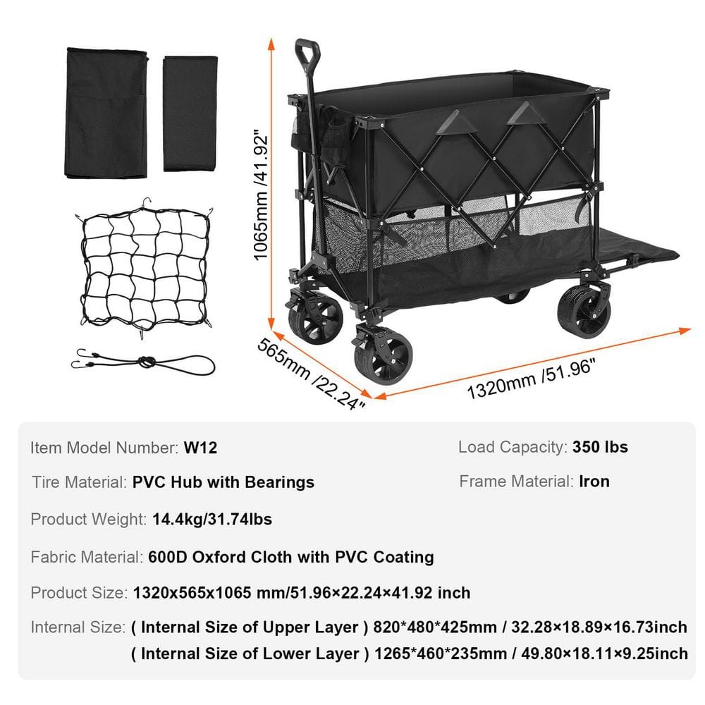 14.12 cu. ft. Steel Garden Cart Foldable Double Decker Wagon 400L Collapsible Wagon with All-Terrain Wheels Heavy Duty - Hercitys
