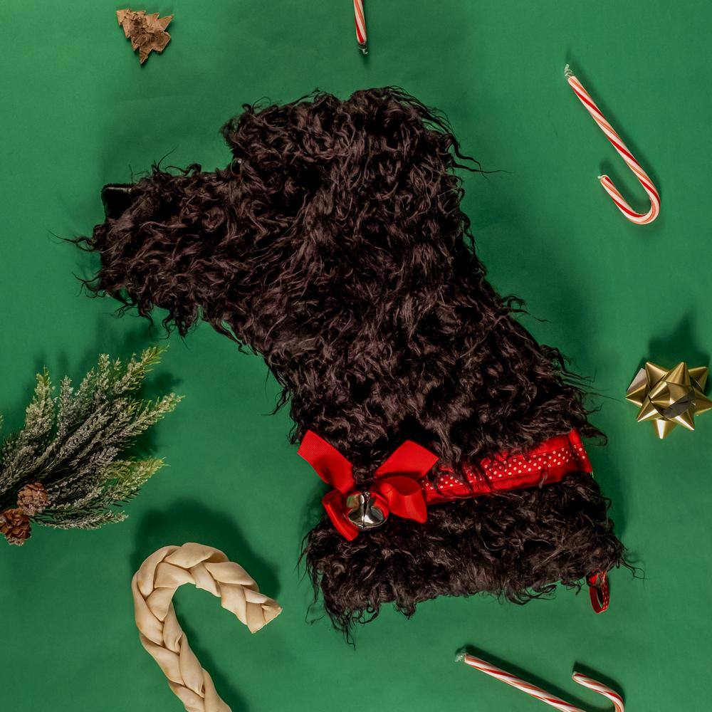 22 in. Curly Black Dog Faux Fur Fabric Christmas Stocking - Hercitys