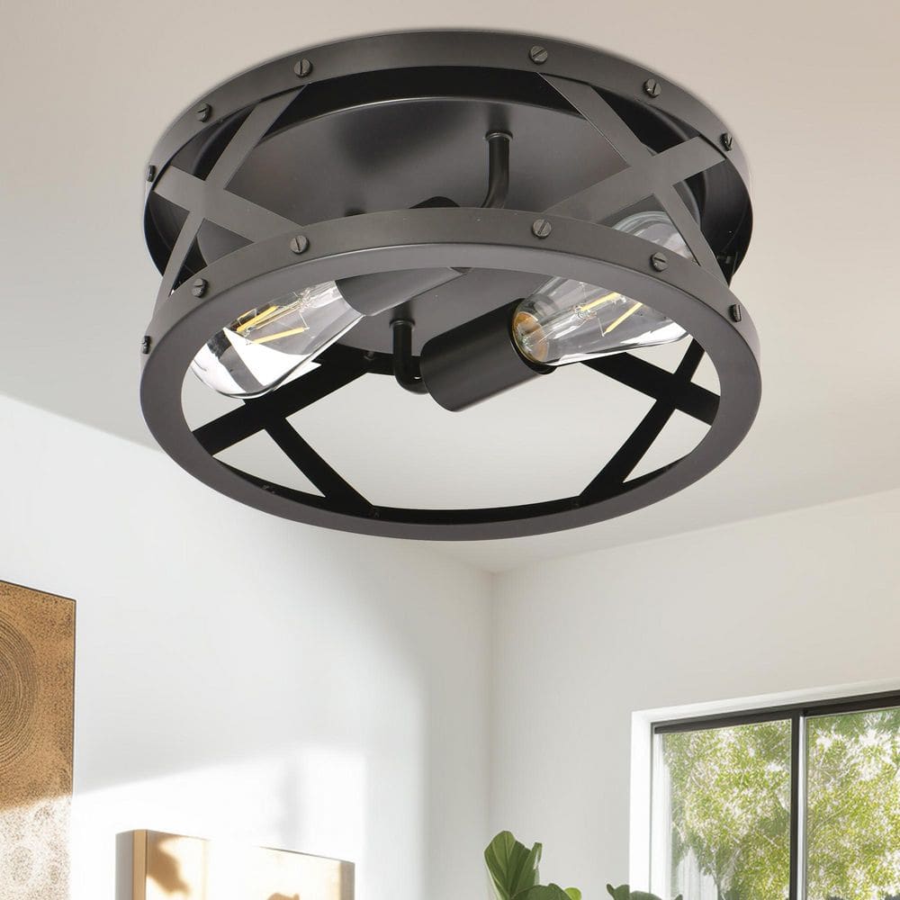 11.8 in. Industrial 2-Light Drum Flush Mount Ceiling Light with Black Finish and E26 Base for Entryway Corridor - Hercitys