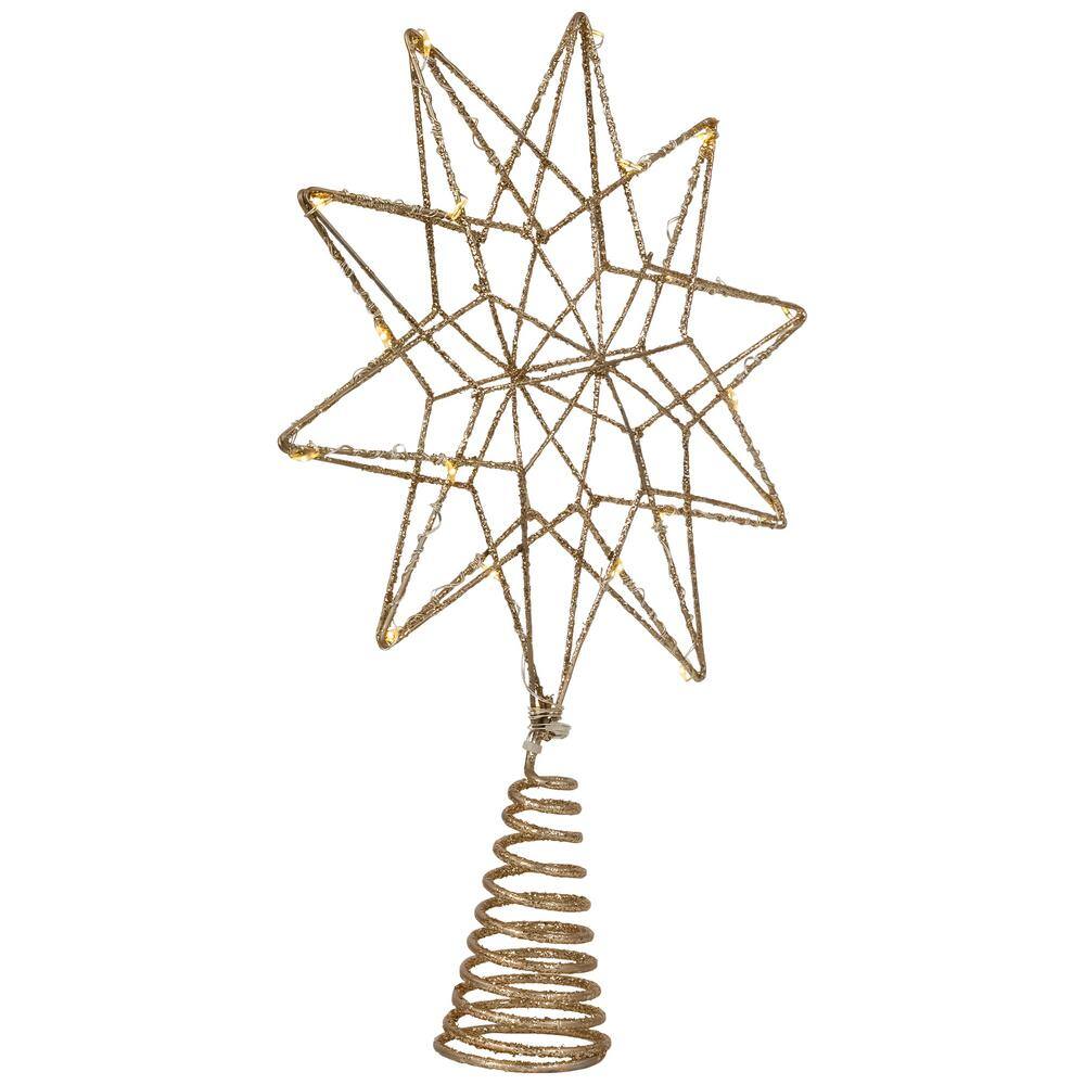 12 in. LED Lighted B/O Gold Glittered Geometric Star Tree Topper – White Lights - Hercitys