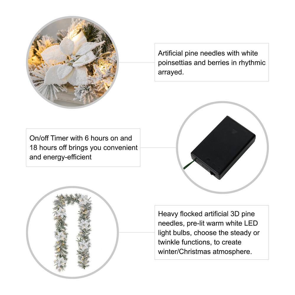 2-Pack 9 ft. Pre-Lit Snow Flocked Greenery Pine Poinsettia Artificial Christmas Garland, with 50 White Lights with Timer - Hercitys