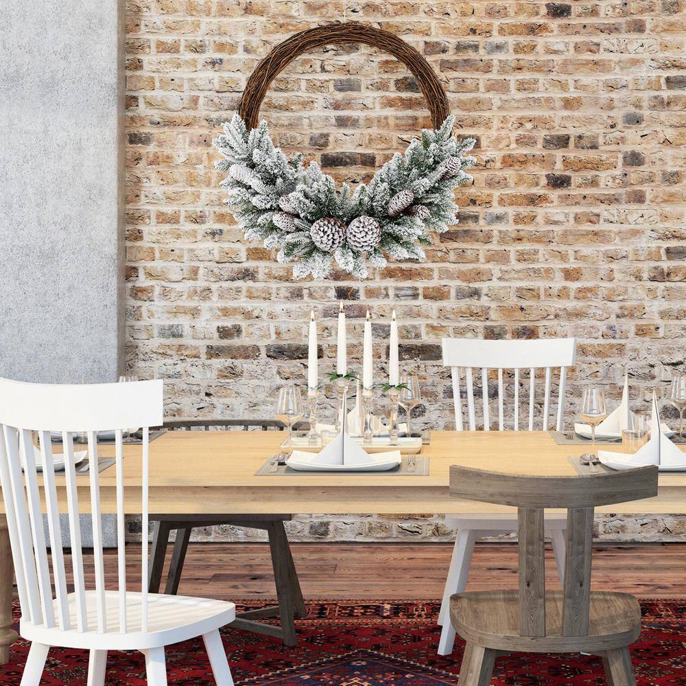 24 in. White Snow Flocked Pre-Lit LED Artificial Christmas Wreath with Pine Cones - Hercitys