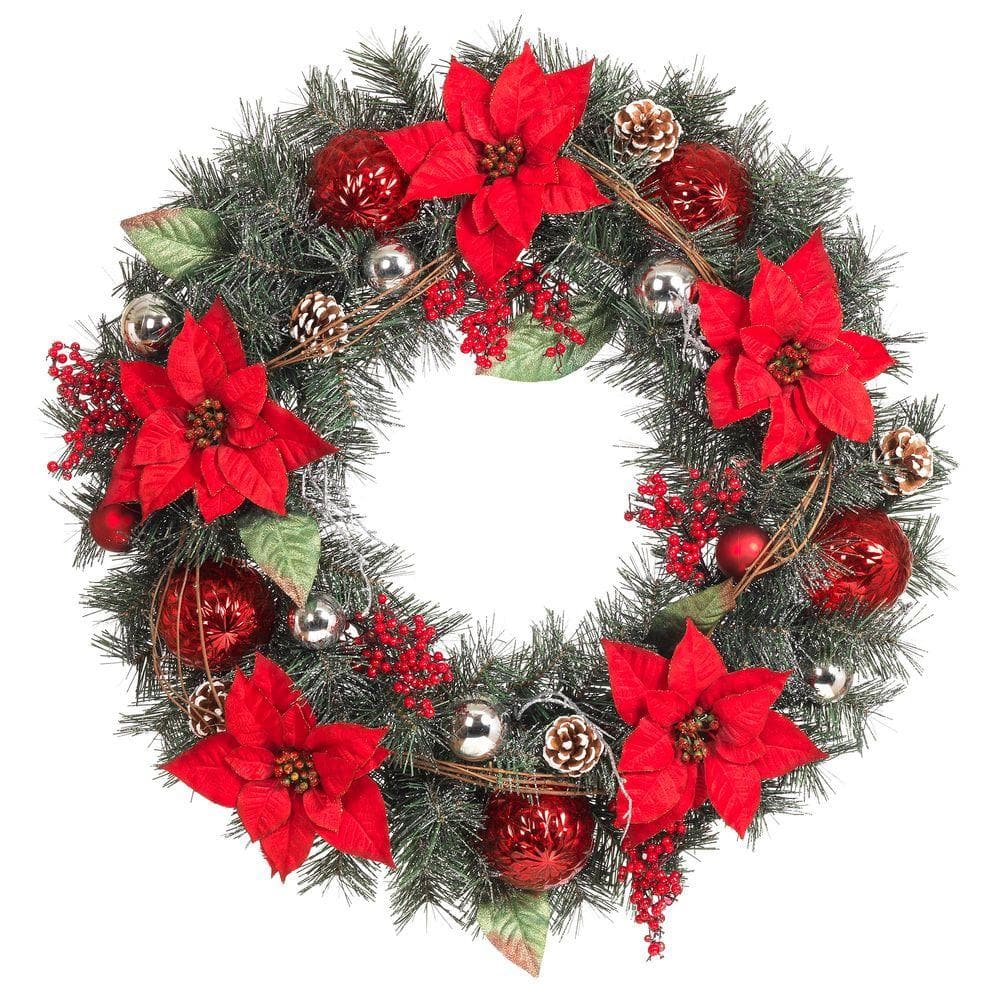 30 in. Red Poinsettia, Berries, Silver and Red Ball and Twig Pine Artificial Wreath - Hercitys