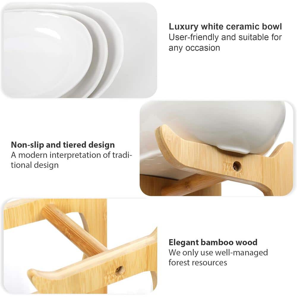 3-Tier Fruit Bowl Ceramic Countertop with Bamboo Stand in White - Hercitys