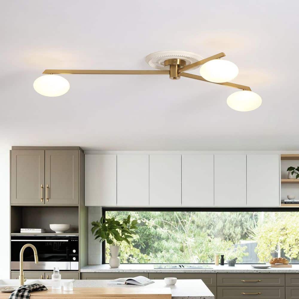 55 In. 3-Light Brass Chandelier Semi-Flush Mount with White Glass Shade, G9 Bulb Base - Hercitys