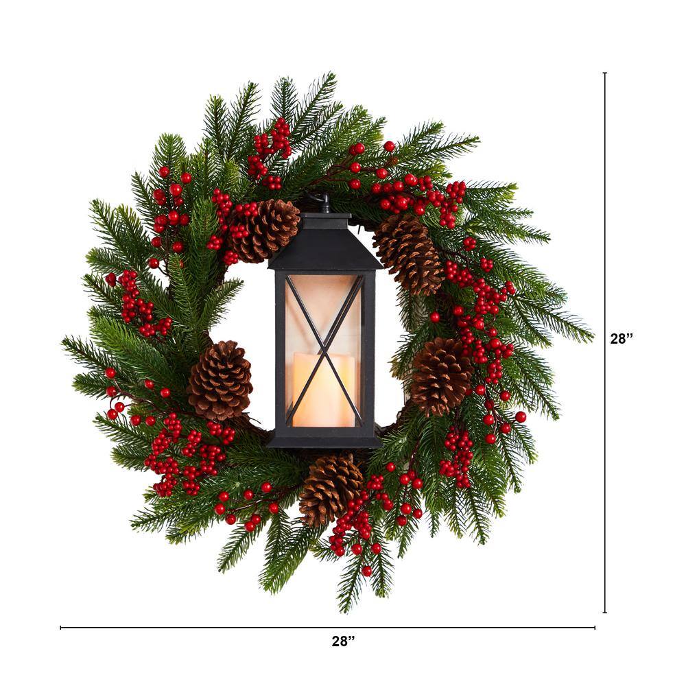 28 in. Green Pre-Lit Berries and Pine Artificial Christmas Wreath with Lantern and Included LED Candle - Hercitys