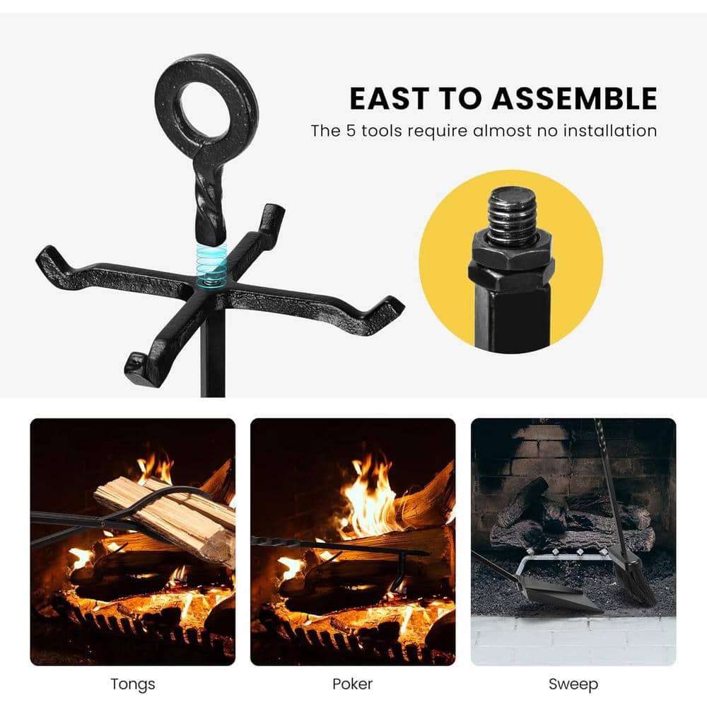 5-Piece Wrought Iron Fireplace Tool Set with Poker, Grabber, Broom, Shovel - Hercitys