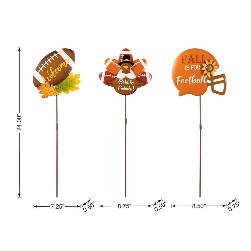 24 in. H Set of 3 Thanksgiving Metal Football Turkey Yard Stake - Hercitys