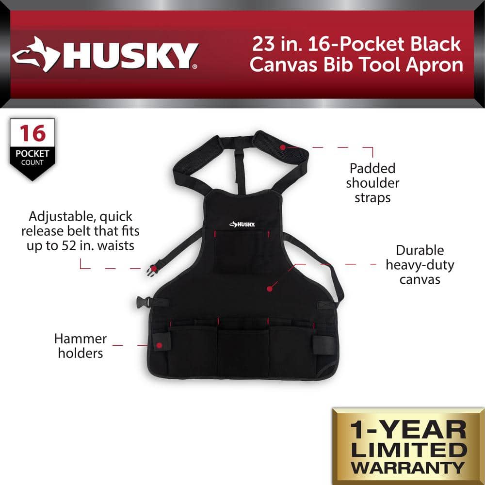 23 in. 16-Pocket Black Canvas Bib Tool Work Apron - Hercitys