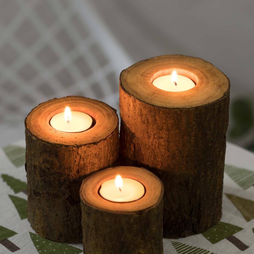 3.75 in. H Bark Wooden Pillar Tree Stump Tea Light Rustic Candle Holder (Set of 3) - Hercitys