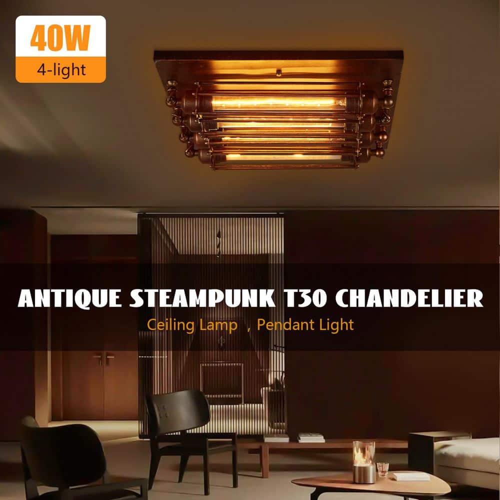 18.11 in. 4-Light Black Industrial Style Square Semi-Flush Mount Ceiling Light with Glass Shade and No Bulbs Included - Hercitys