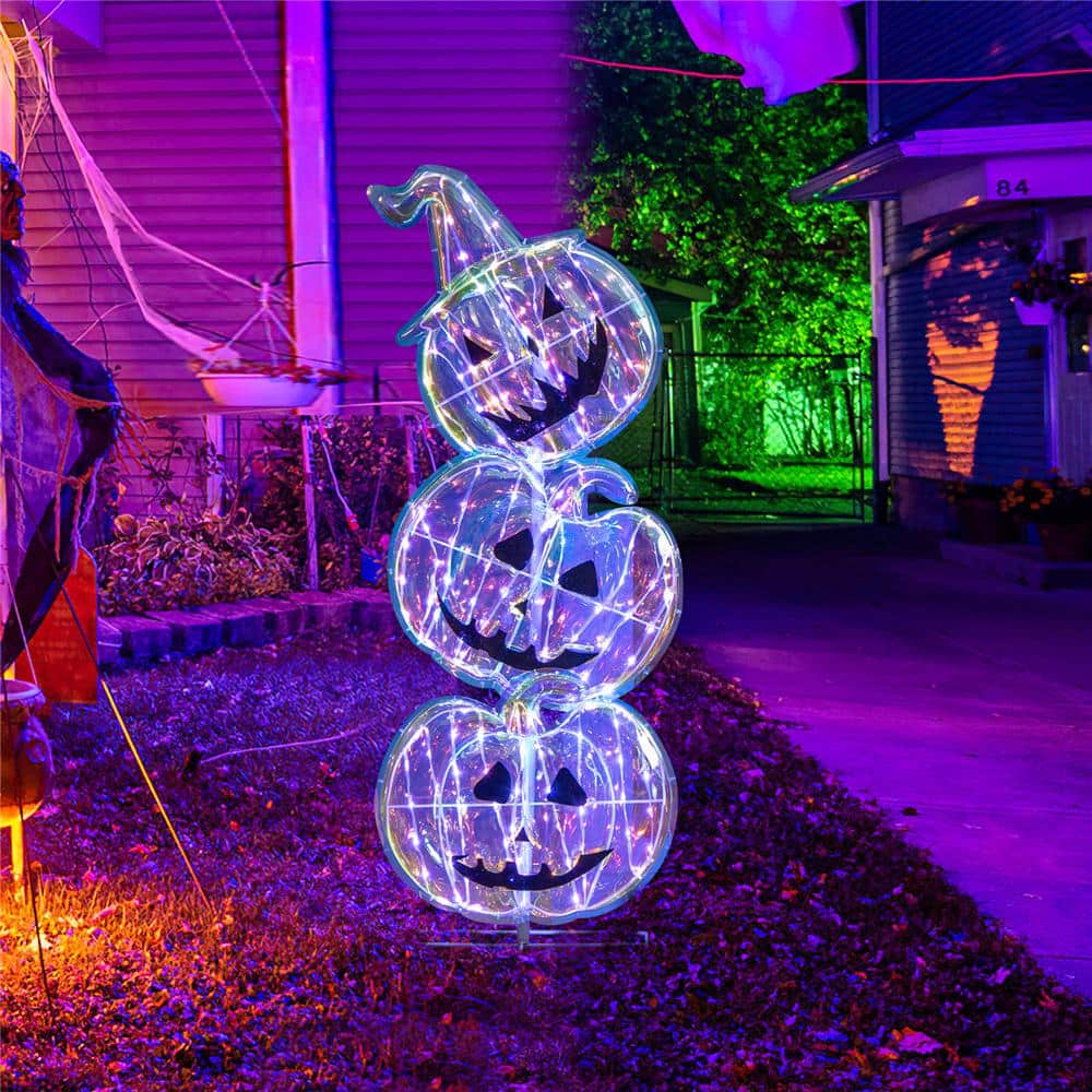 40.8 in. Prelit Plug in Halloween Stacked Pumpkins 150 LED Lighted with Base Standing Halloween Yard Sign - Hercitys