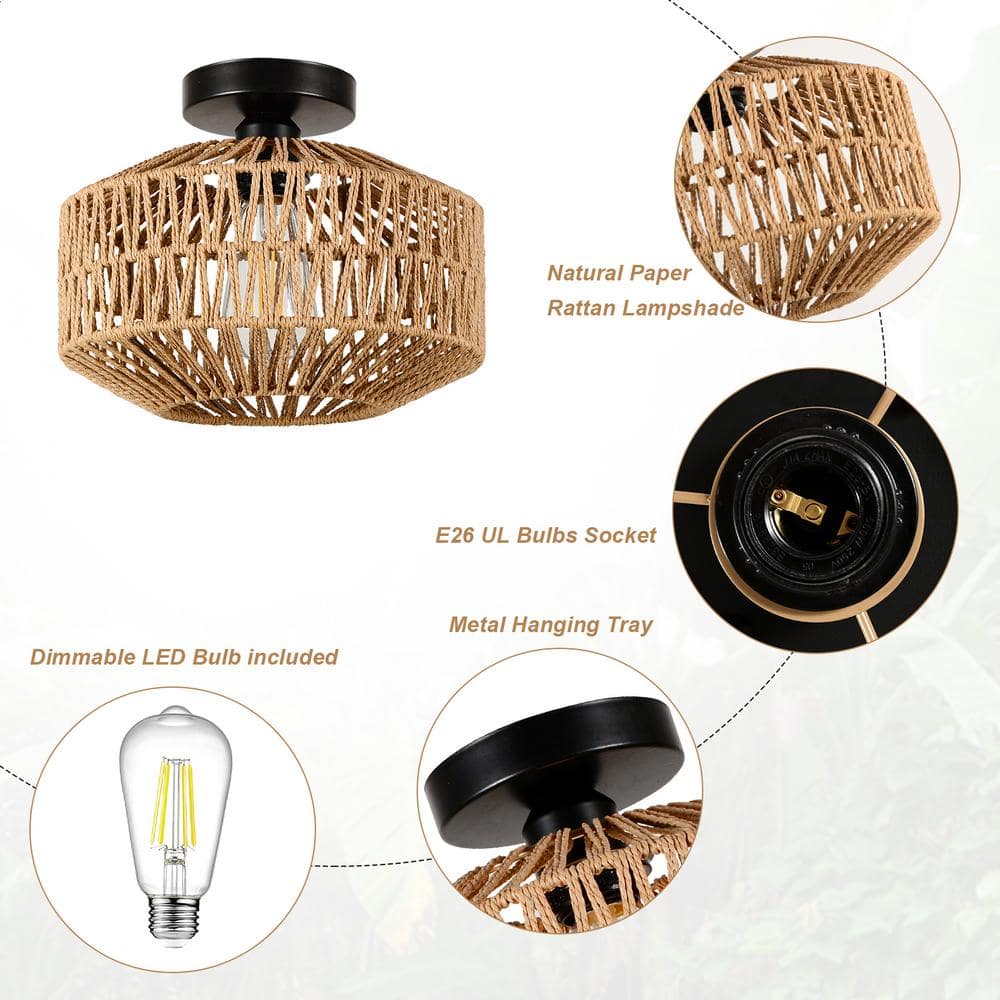 11.8 in. 1-Light Brown Rattan LED Semi-Flush Mount Light with Dimmable LED Bulb - Hercitys