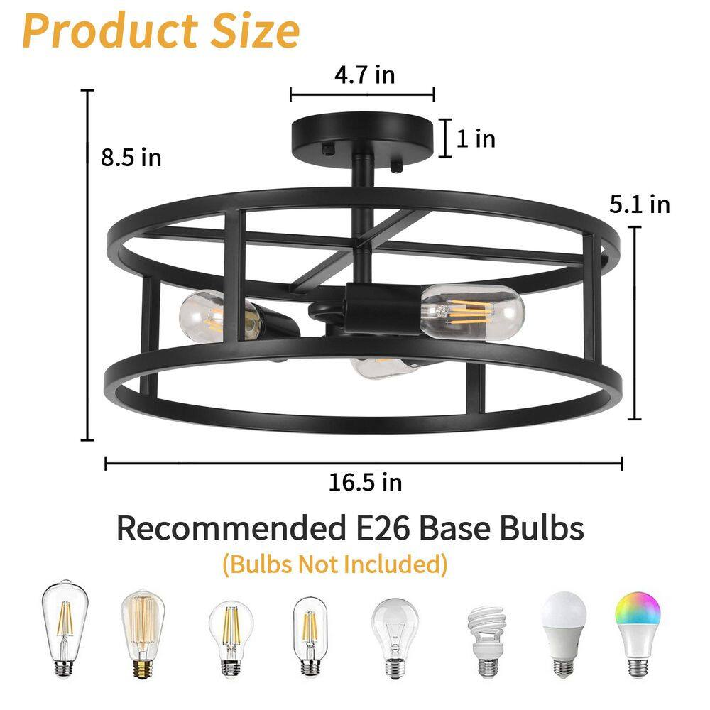16.5 in. 3-Light Black Drum Semi Flush Mount Ceiling Light with No Bulbs Included - Hercitys