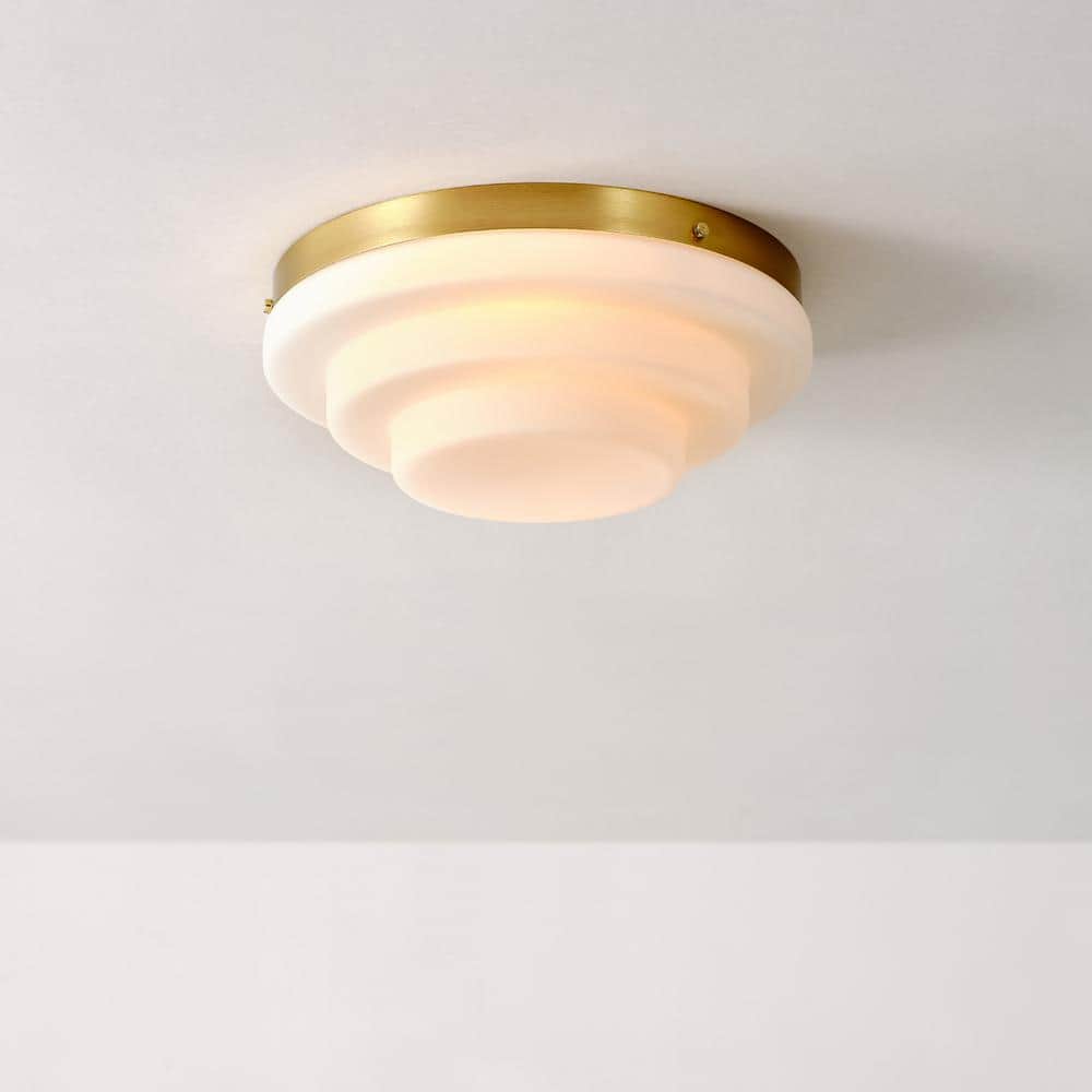 11.81 in. 2-Light Matte Brass Flush Mount Ceiling Light with Tiered Milk Glass Shade - Hercitys