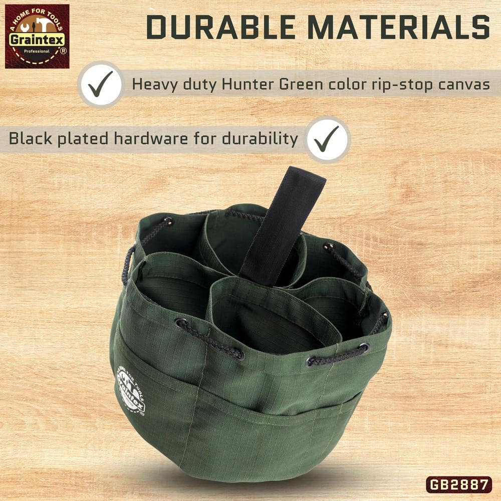 10 in. 18-Pockets Grab Tool Bag with Drawstring Closure in Hunter Green Canvas - Hercitys
