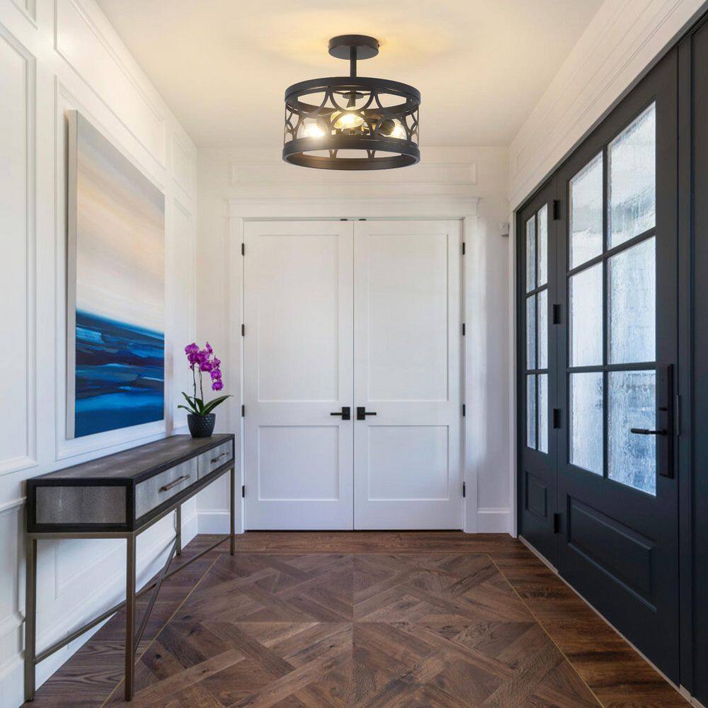 12.6 in. 3-Light Black Farmhouse Drum Semi-Flush Mount Light with Metal Shade - Hercitys