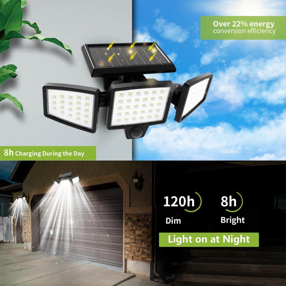 3-Head 8-Watt Integrated LED Black color 120-Degree Solar Motion Activated Area Light - Hercitys