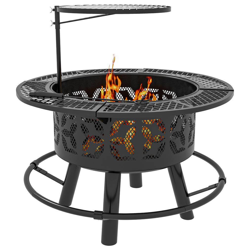 2-in-1 Fire Pit and BBQ Grill, Portable Wood Burning Firepit with Adjustable Grate for Backyard, Patio, and Picnic - Hercitys