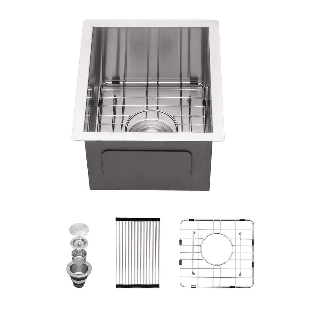 13.1 in. Undermount Single Bowl Round Corner 16-Gauge Stainless Steel Bar Sink Kitchen Sink with Bottom Grid - Hercitys