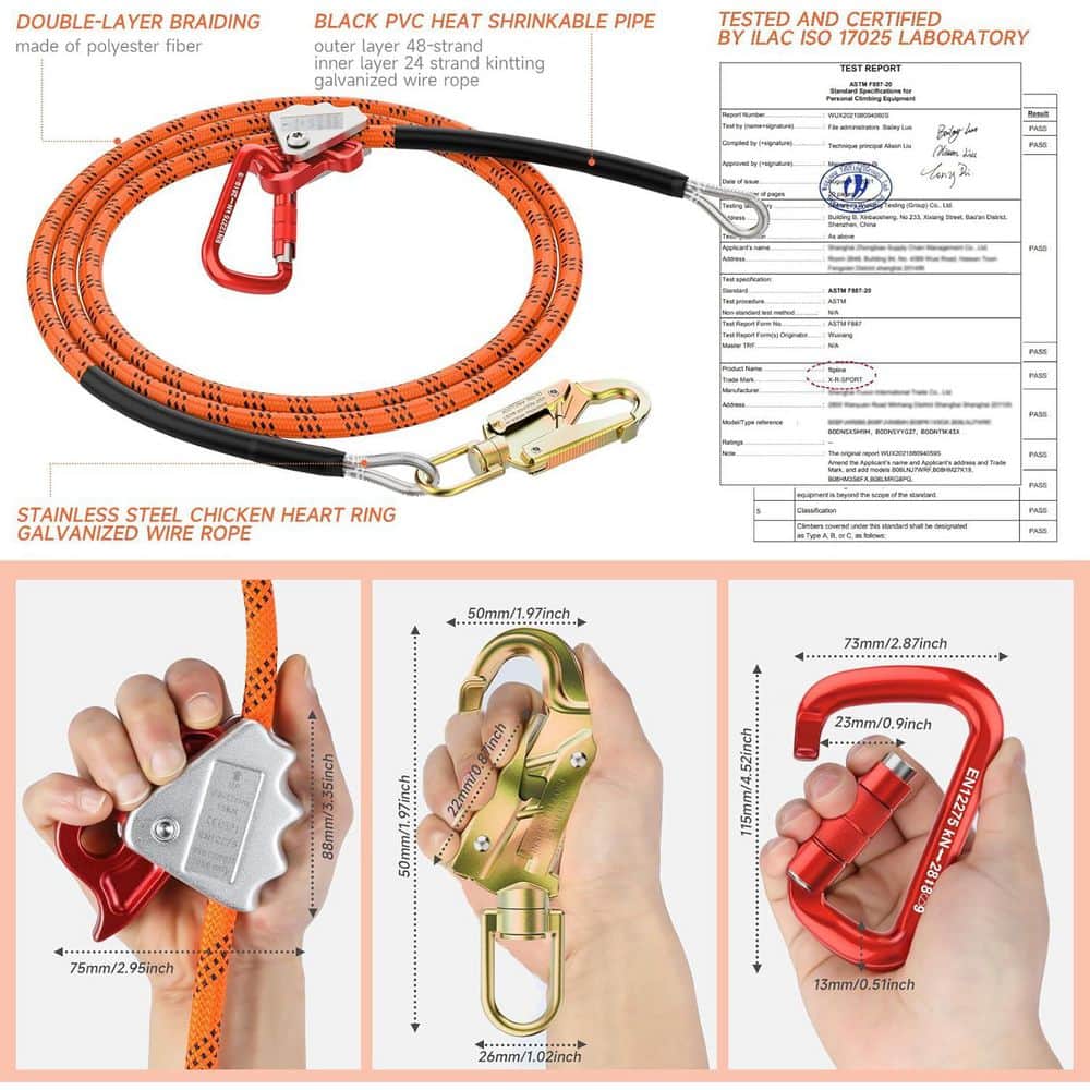 10 ft. Retractable Climbing Lifeline Tree Climbing Rope with Steel Swivel Snap Hook Triple Lock Carabiner Adjuster - Hercitys