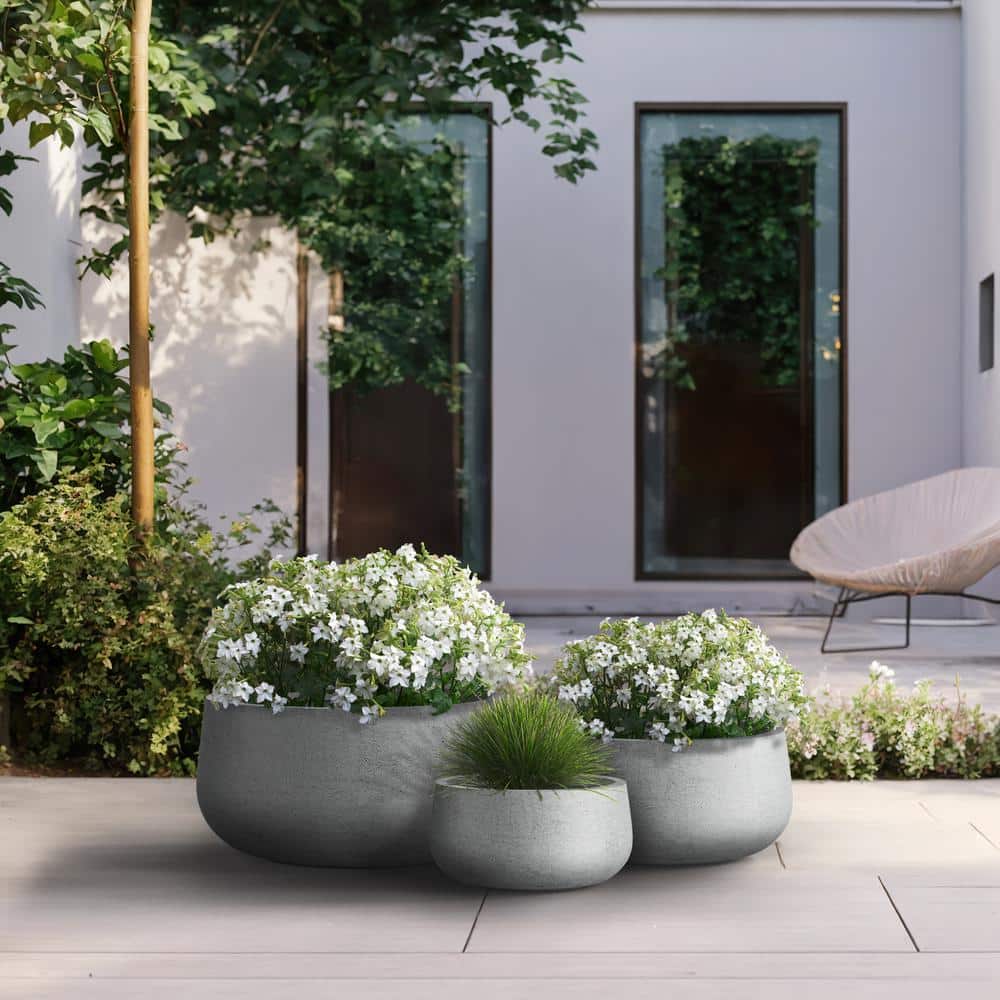 11.4in.,15in.,19in. Dia Stone Finish Extra Large Tall Round Concrete Plant Pot/Planter for Indoor and Outdoor(Set of 3) - Hercitys