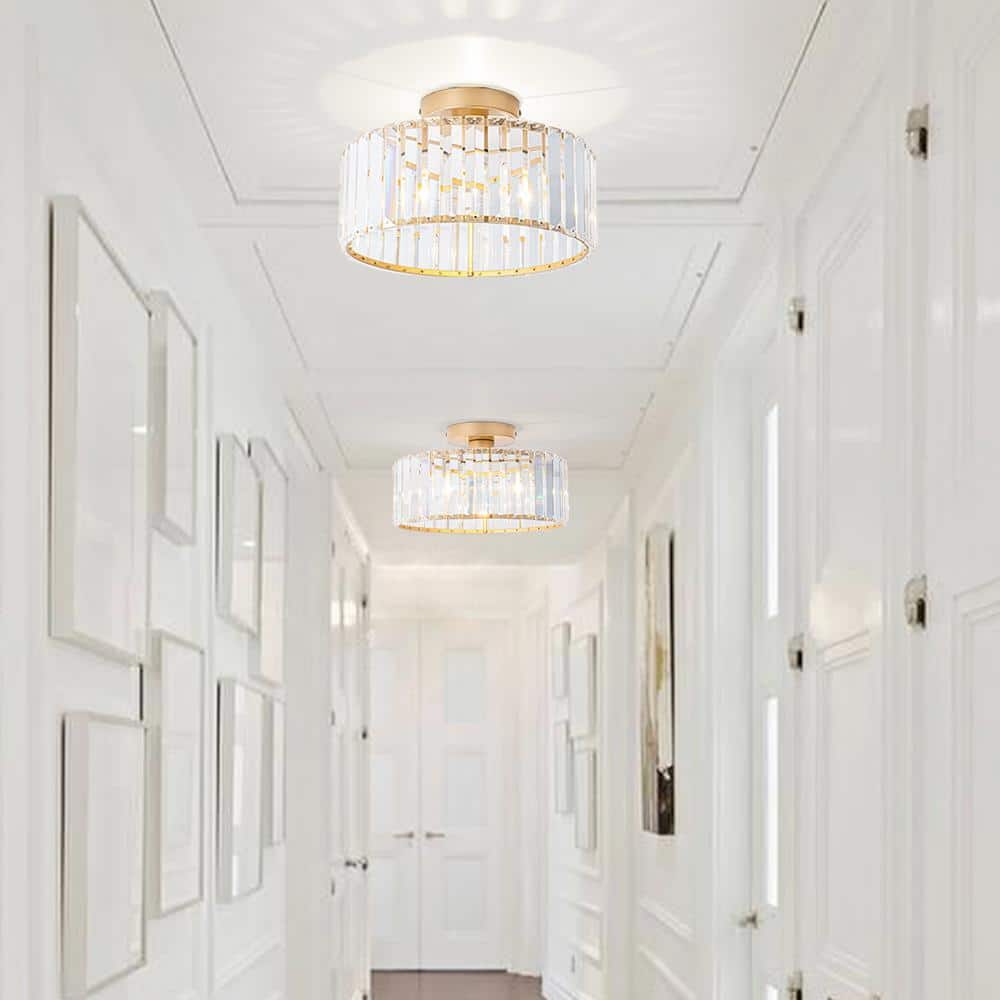 12 in. 1-Light Gold Semi Flush Mount Ceiling Light Crystal Fixture for Hallway Entryway Bedroom Bulbs Not Included - Hercitys