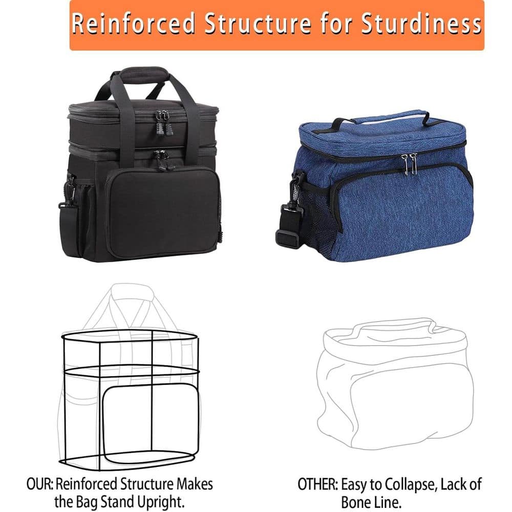 17 qt. Expandable Insulated Large Lunch Box Double Deck Heavy Duty Durable Leakproof Cooler Bag 20 Can Capacity Black - Hercitys