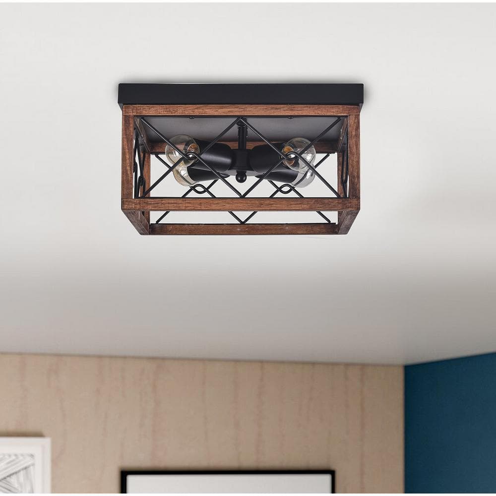 12.6 in. 4-Light Farmhouse Rustic Square Wooden Flush Mount Ceiling - Hercitys