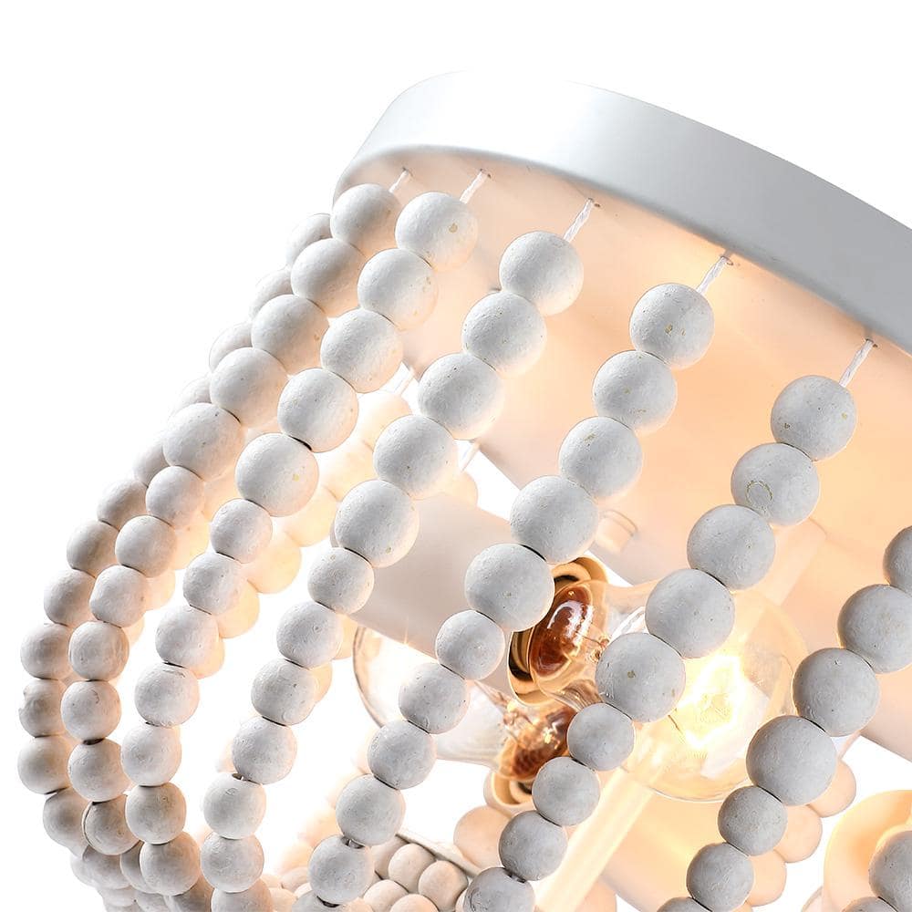 12.6 in. 3-Light Bohemia Antique White Wood Beaded Flush Mount Ceiling Light - Hercitys